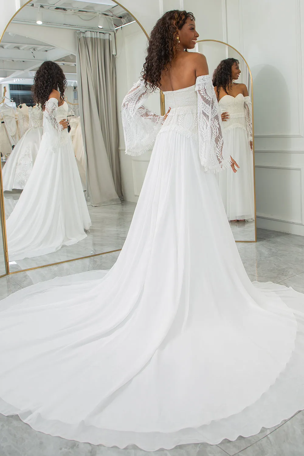 Ivory Sweetheart Detachable Flare Sleeves Boho Wedding Dress sold by Zapaka product image thumbnail 2