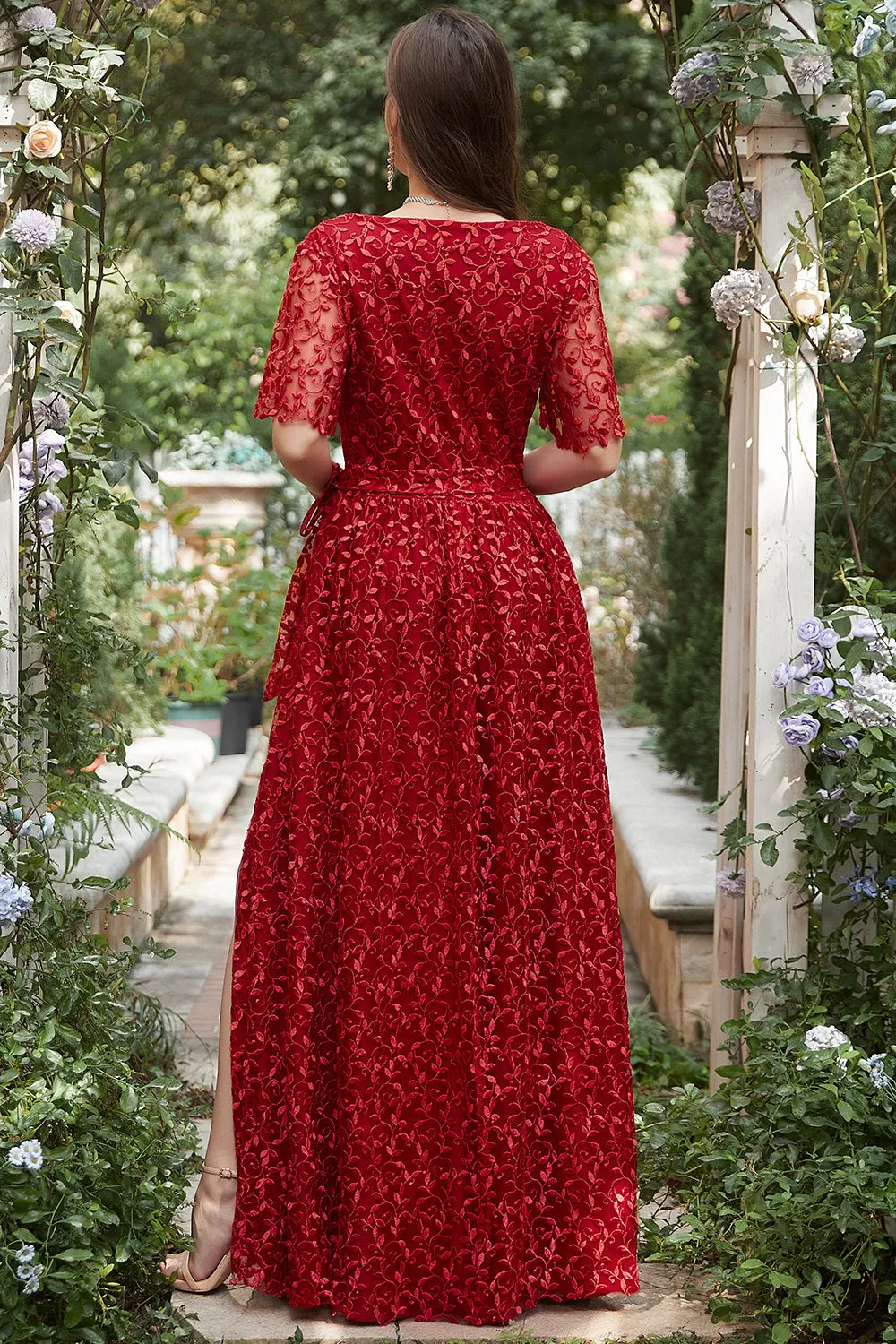 A Line V Neck Red Long Bridesmaid Dress with Embroidery sold by Zapaka product image thumbnail 2
