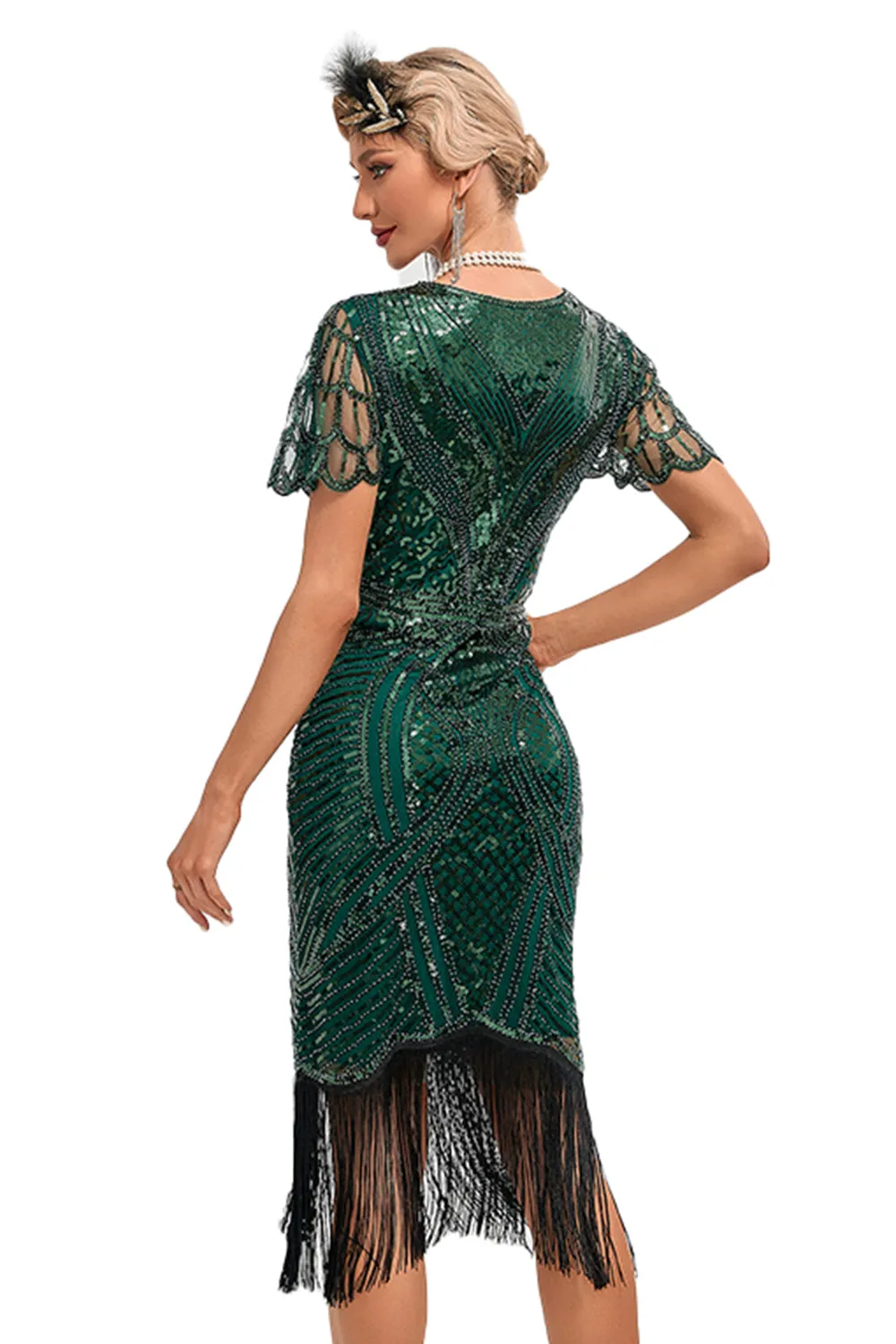 Beading Dark Green Glitter Fringes Flapper Dress with Accessories Set sold by Zapaka product image thumbnail 2