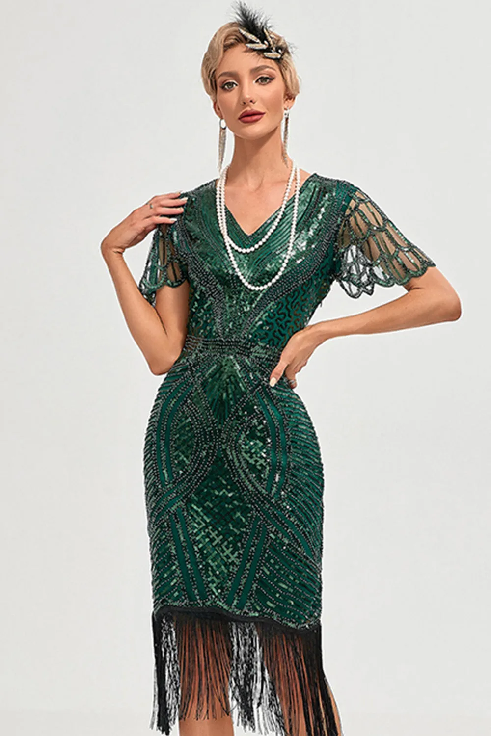 Beading Dark Green Glitter Fringes Flapper Dress with Accessories Set sold by Zapaka product image thumbnail 4