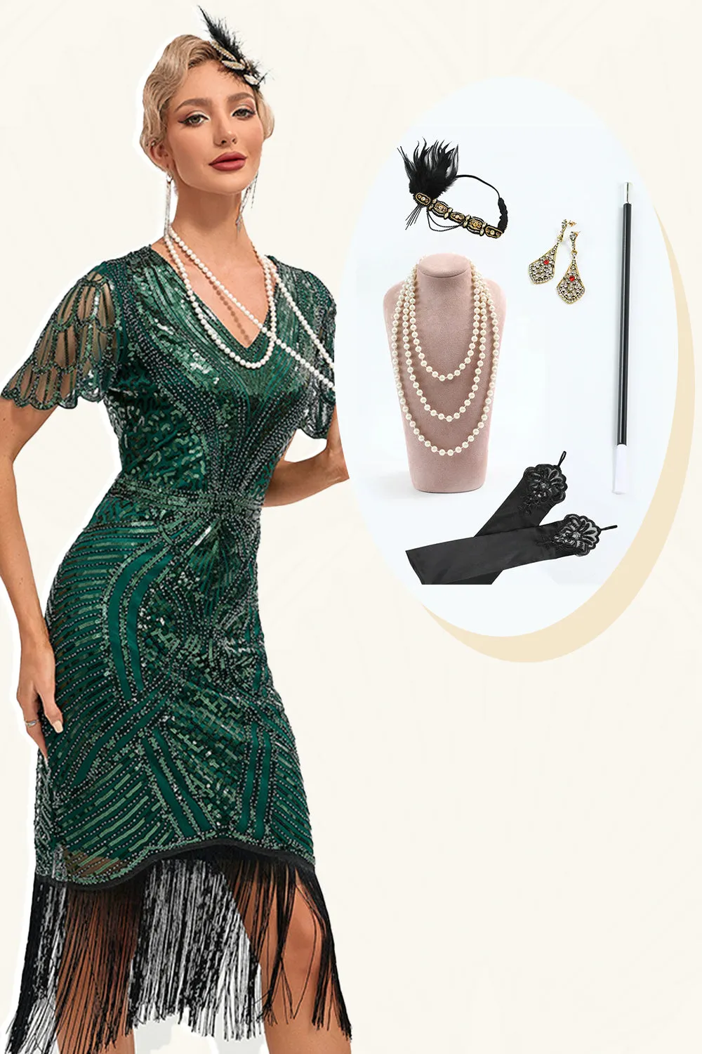 Beading Dark Green Glitter Fringes Flapper Dress with Accessories Set sold by Zapaka