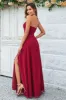 A Line Halter Burgundy Long Bridesmaid Dress with Split Front sold by Zapaka