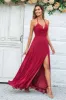 A Line Halter Burgundy Long Bridesmaid Dress with Split Front sold by Zapaka