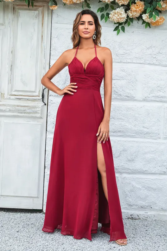 A Line Halter Burgundy Long Bridesmaid Dress with Split Front sold by Zapaka