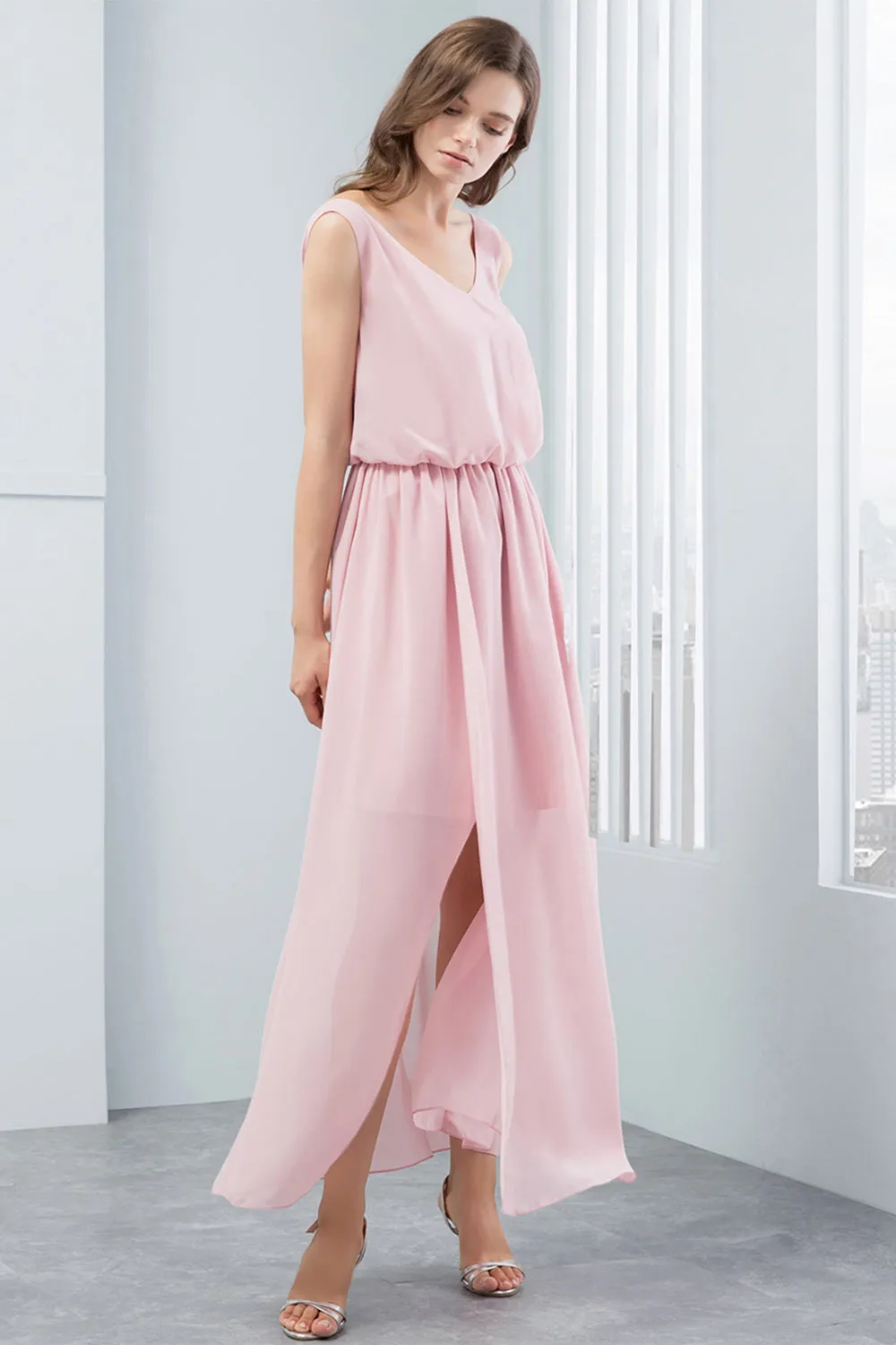 V Neck Blush Bridesmaid Dress with Split Front sold by Zapaka product image thumbnail 3