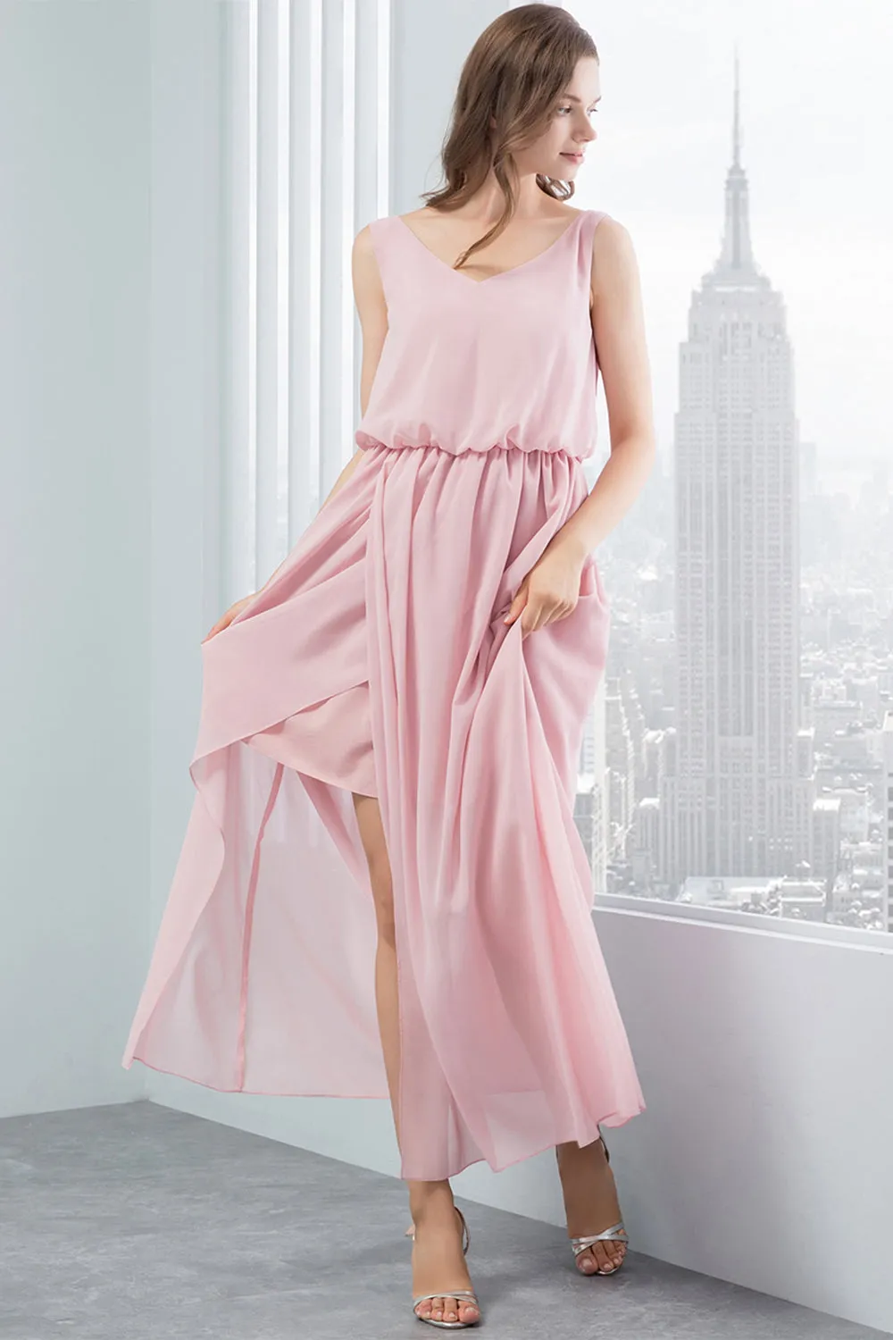 V Neck Blush Bridesmaid Dress with Split Front sold by Zapaka