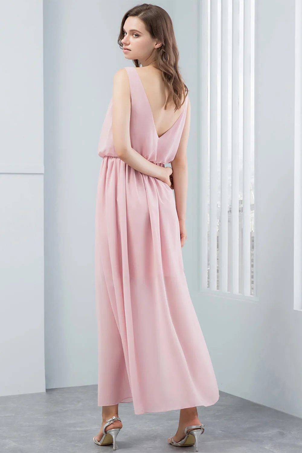V Neck Blush Bridesmaid Dress with Split Front sold by Zapaka product image thumbnail 2