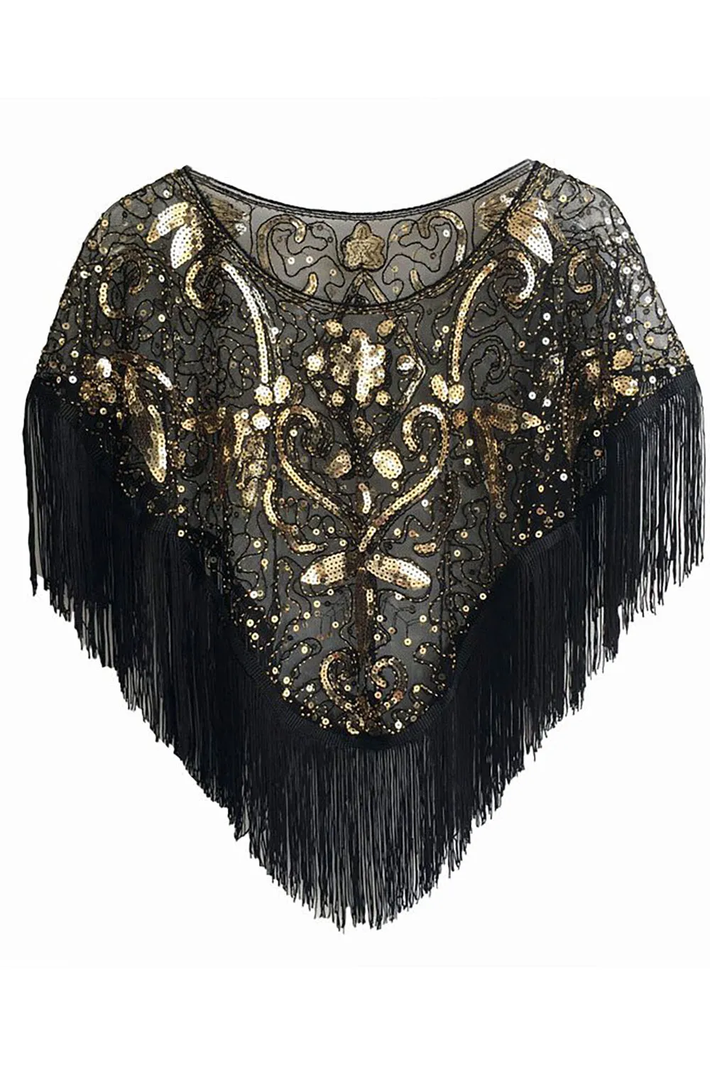 Sequined Black Golden 1920s Cape With Fringes sold by Zapaka
