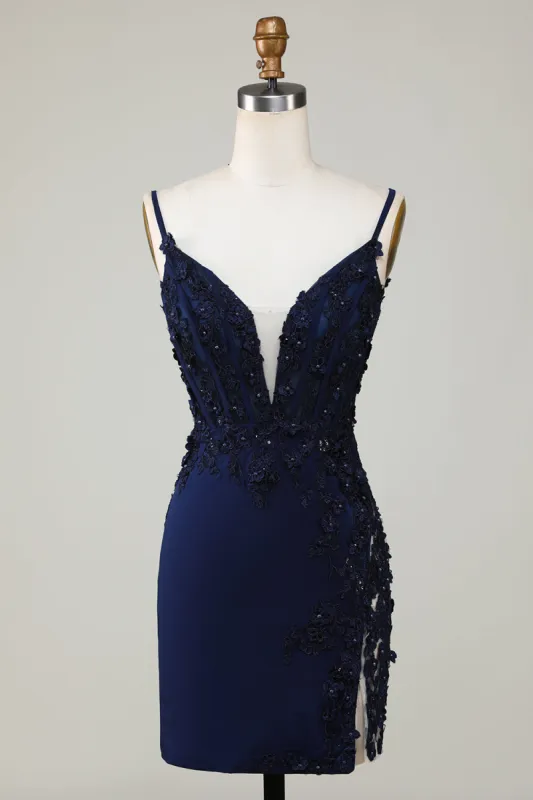 Sparkly Navy Corset Tight Short Homecoming Dress with Lace sold by Zapaka