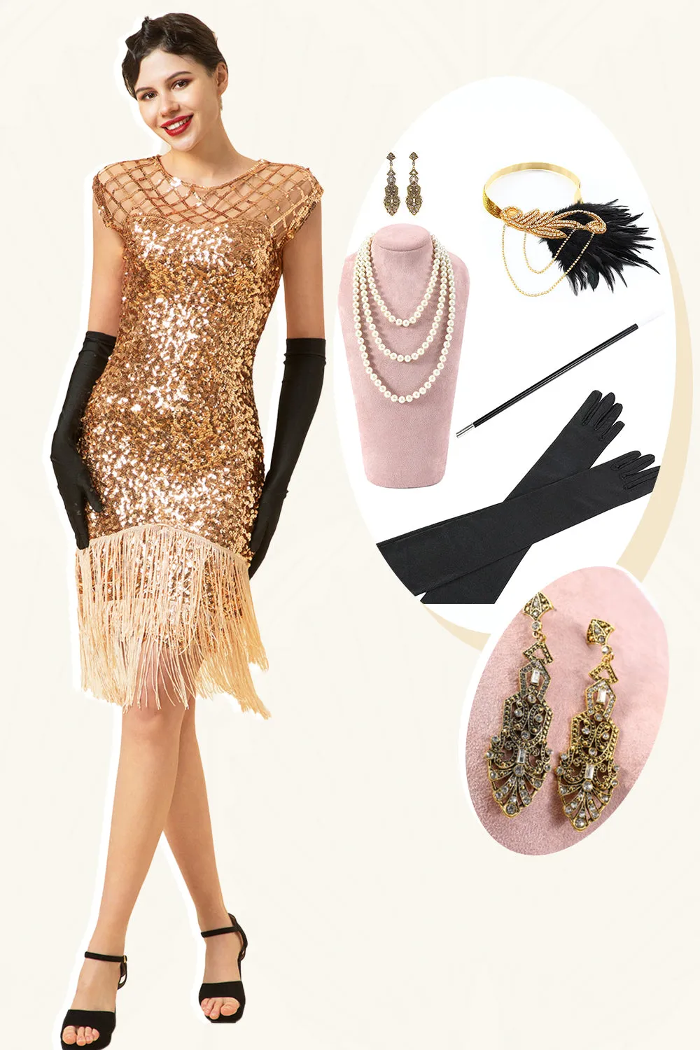 Pink Cap Sleeves Sequined Fringes 1920s Gatsby Flapper Dress with 20s Accessories Set sold by Zapaka