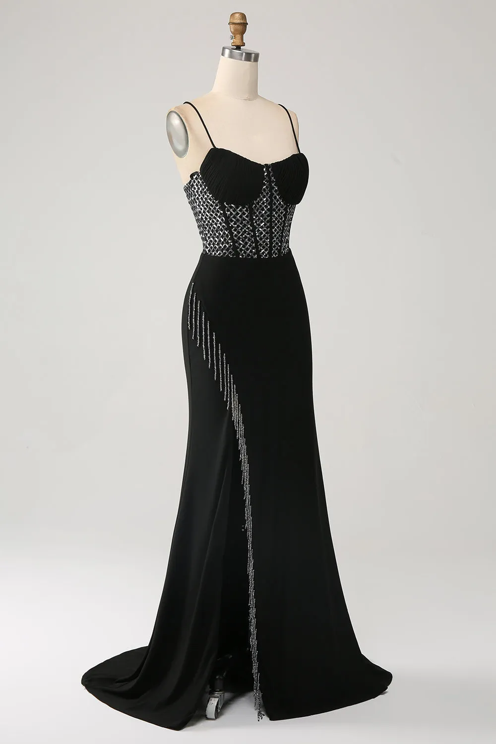 Mermaid Black Spaghetti Straps Long Corset Prom Dress with Slit sold by Zapaka product image thumbnail 3