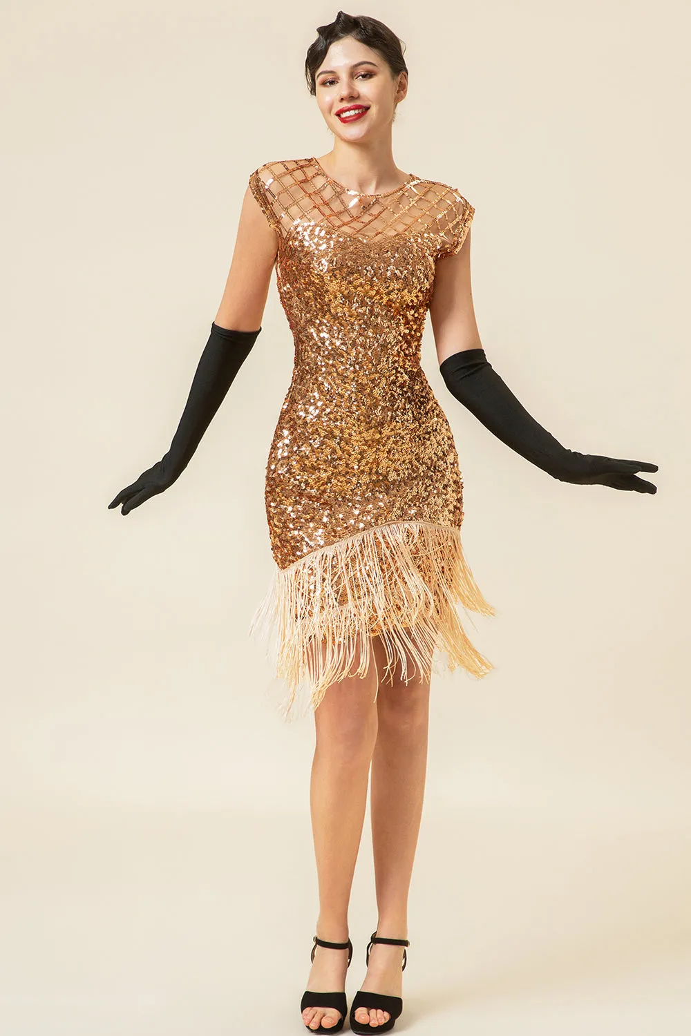 Pink Cap Sleeves Sequined Fringes 1920s Gatsby Flapper Dress with 20s Accessories Set sold by Zapaka product image thumbnail 2