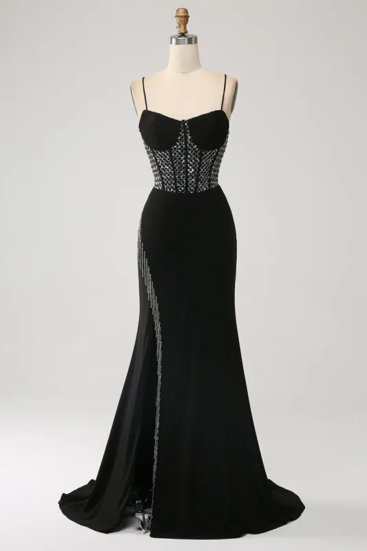 Mermaid Black Spaghetti Straps  Long Corset Prom Dress with Slit sold by Zapaka