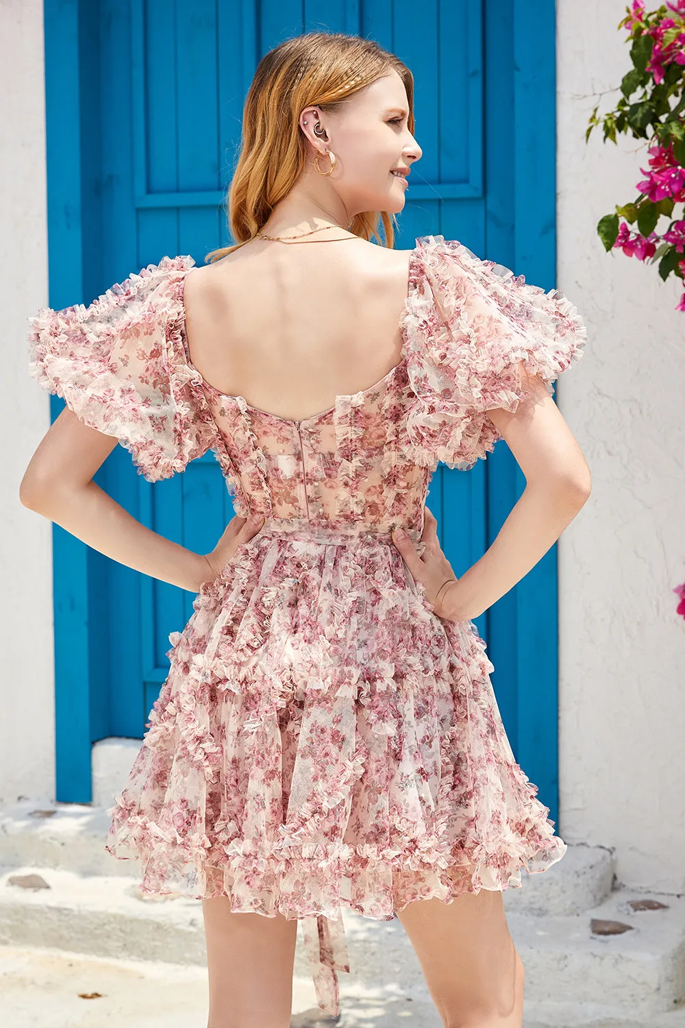 A Line Off the Shoulder Ivory Red Flower Printed Cute Homecoming Dress sold by Zapaka product image thumbnail 2