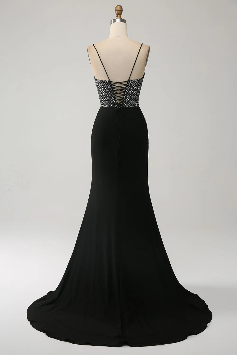 Mermaid Black Spaghetti Straps Long Corset Prom Dress with Slit sold by Zapaka product image thumbnail 2