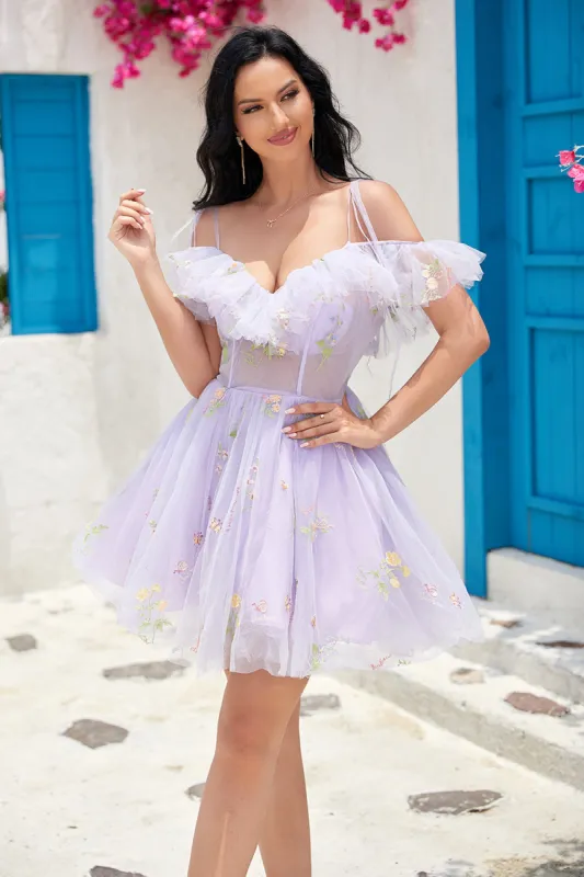 Cute A Line Lavender Off the Shoulder Corset Homecoming Dress with Ruffles sold by Zapaka