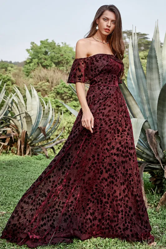 A Line Off the Shoulder Burgundy Long Prom Dress with Belt sold by Zapaka