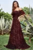 A Line Off the Shoulder Burgundy Long Prom Dress with Belt sold by Zapaka