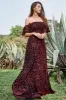 A Line Off the Shoulder Burgundy Long Prom Dress with Belt sold by Zapaka