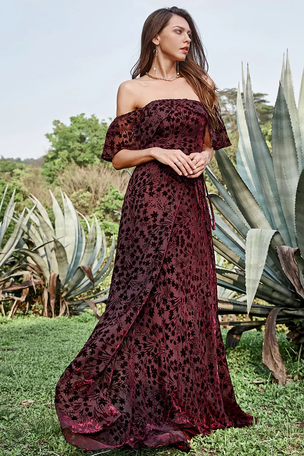 A Line Off the Shoulder Burgundy Long Prom Dress with Belt sold by Zapaka product image thumbnail 5