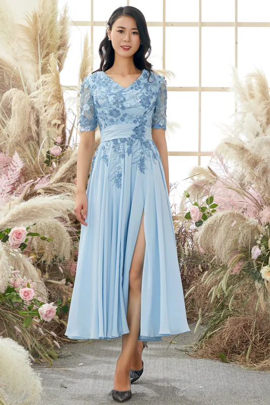 V Neck Blue Mother of Bride Dress with Appliques sold by Zapaka