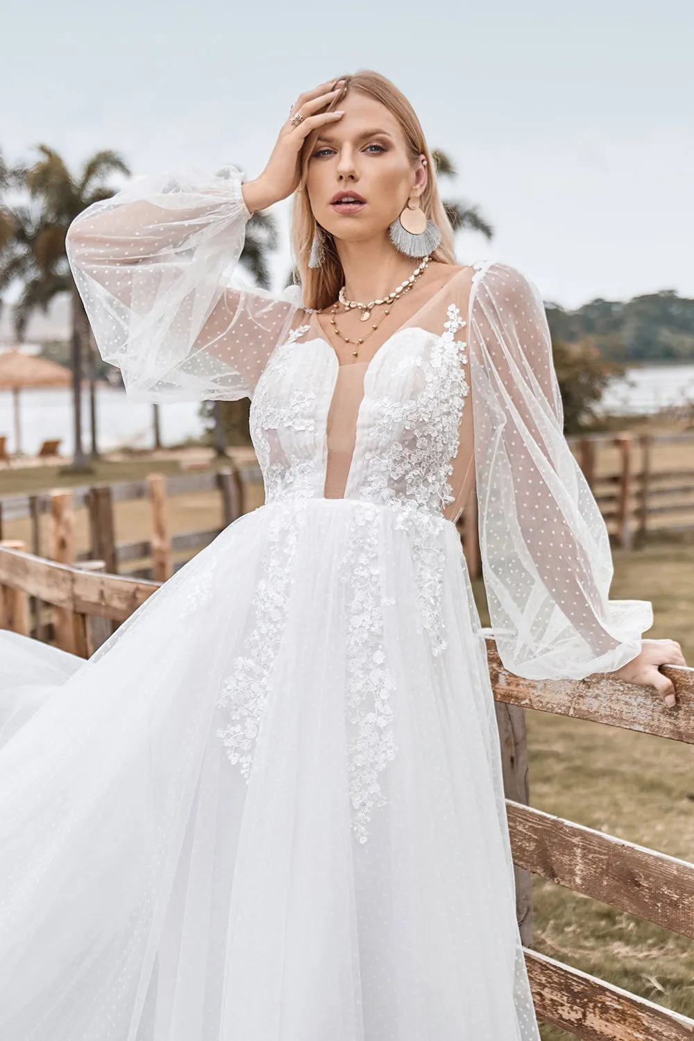 Long Sleeves Open Back Ivory A Line Wedding Dress with Appliques sold by Zapaka product image thumbnail 3