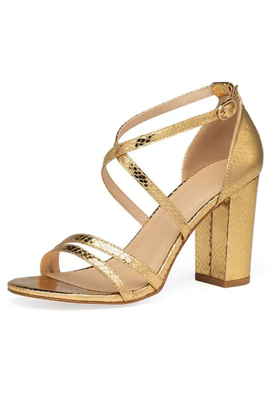 Golden Chunky High Heel Ankle Strap Sandal made by Zapaka