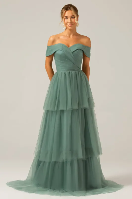 Grey Green Tulle A Line Off the Shoulder Tiered Bridesmaid Dress sold by Zapaka