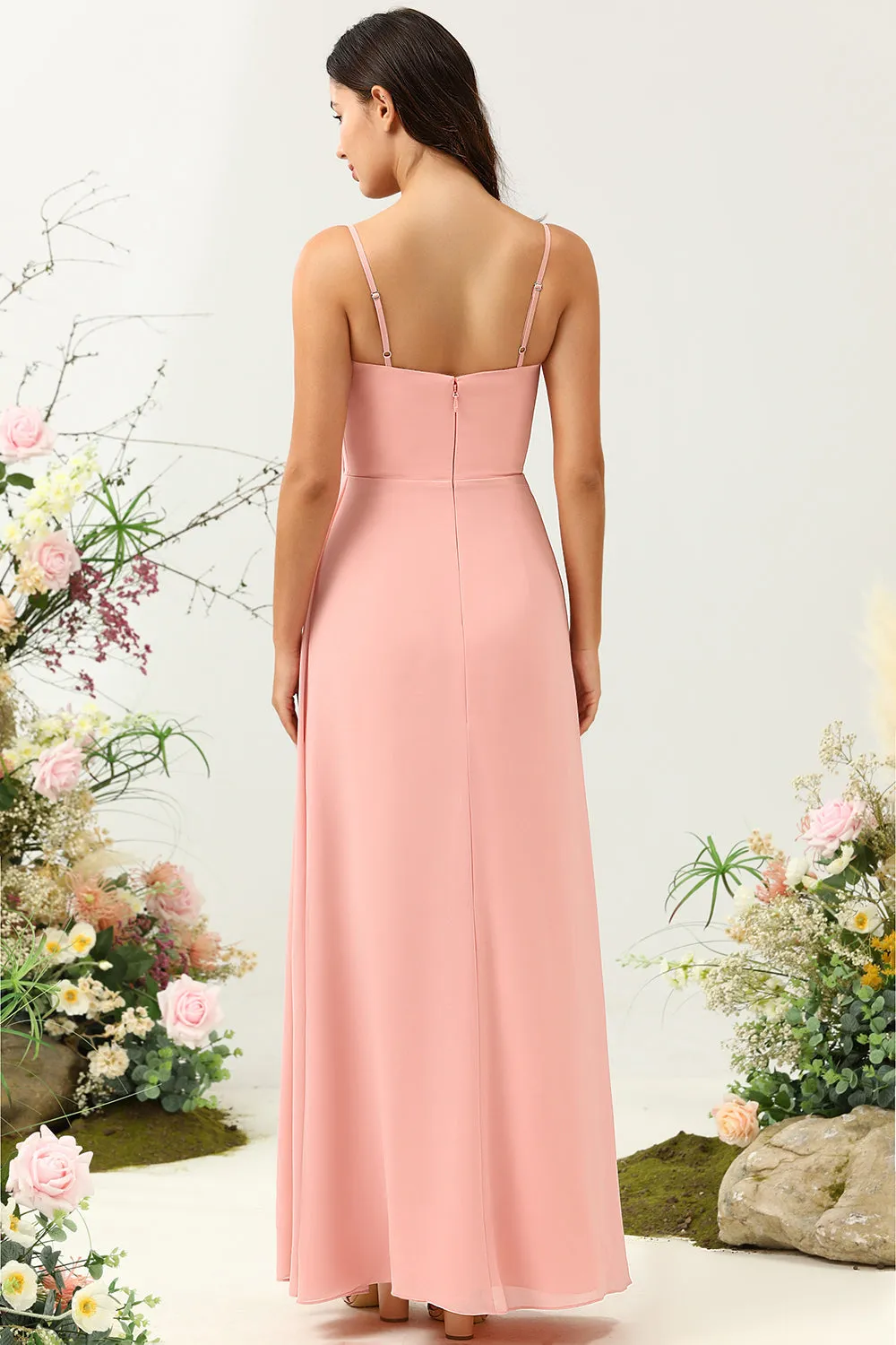 A Line Spaghetti Straps Blush Long Bridesmaid Dress with Split Front sold by Zapaka product image thumbnail 2