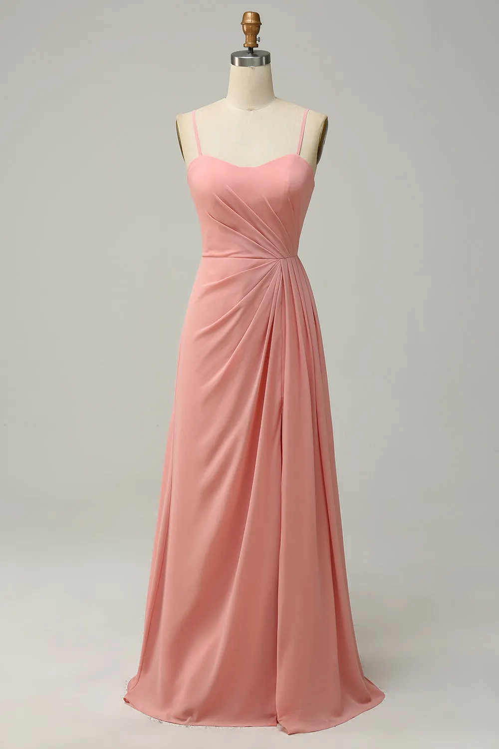 A Line Spaghetti Straps Blush Long Bridesmaid Dress with Split Front sold by Zapaka product image thumbnail 3