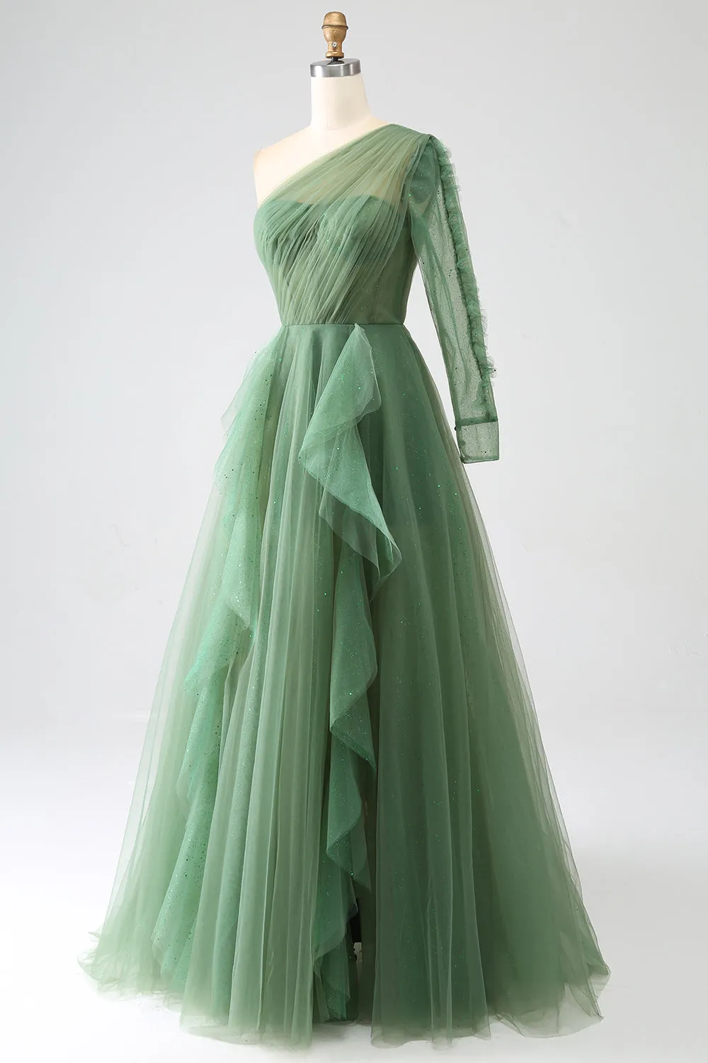 Dark Green A-Line One-Shoulder Long Prom Dress With Long Sleeves sold by Zapaka product image thumbnail 3