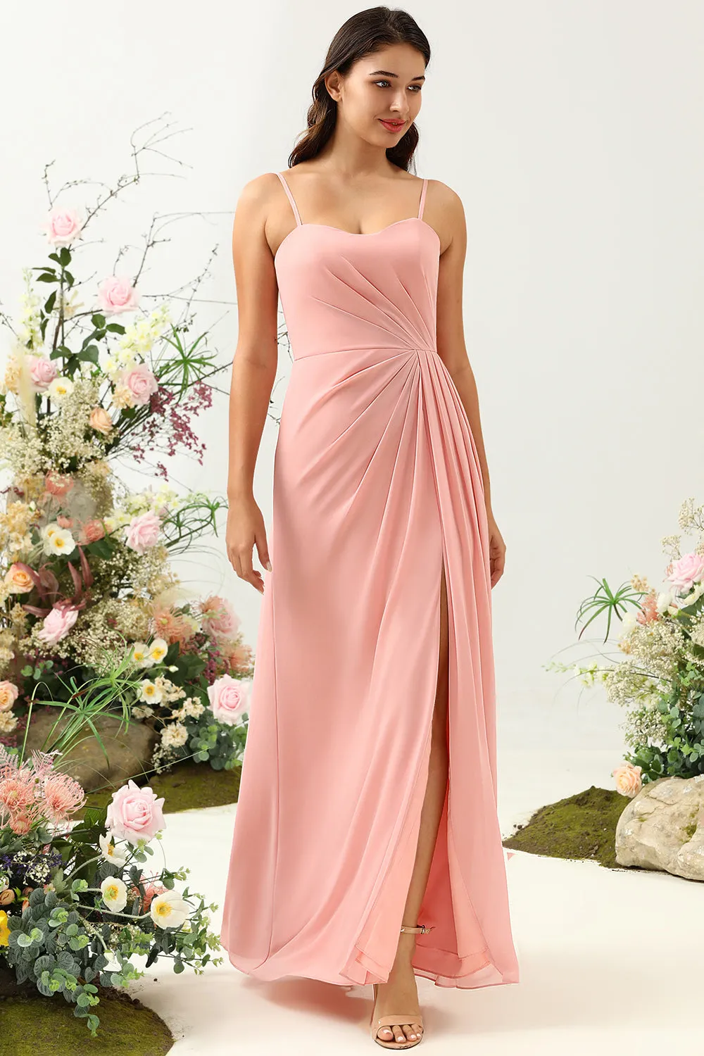 A Line Spaghetti Straps Blush Long Bridesmaid Dress with Split Front sold by Zapaka