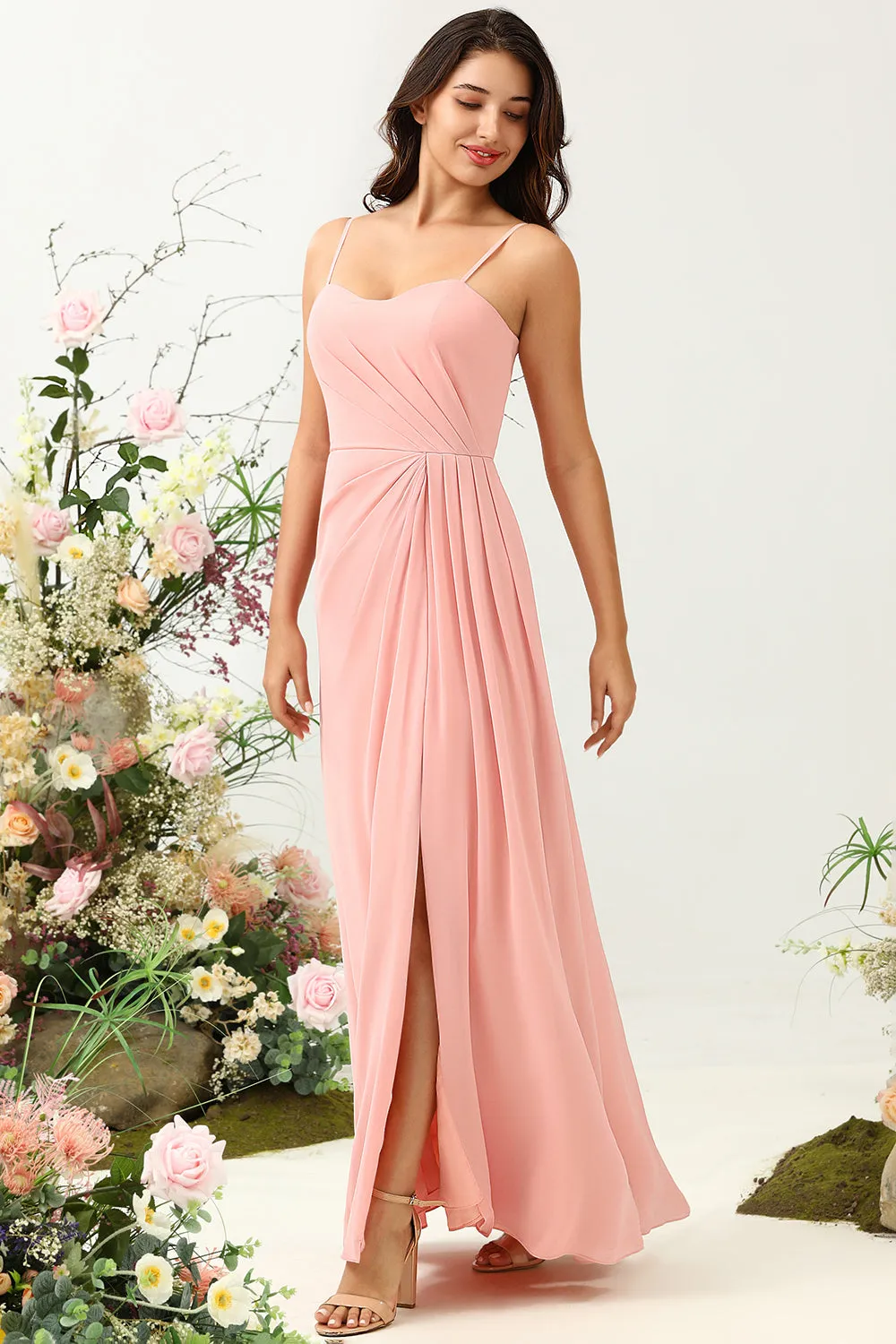 A Line Spaghetti Straps Blush Long Bridesmaid Dress with Split Front sold by Zapaka product image thumbnail 5