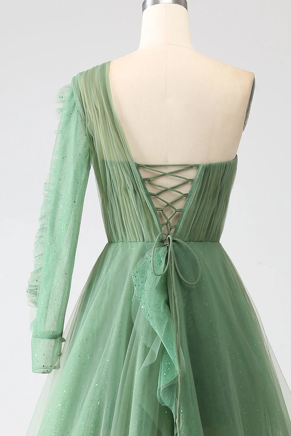 Dark Green A-Line One-Shoulder Long Prom Dress With Long Sleeves sold by Zapaka product image thumbnail 5