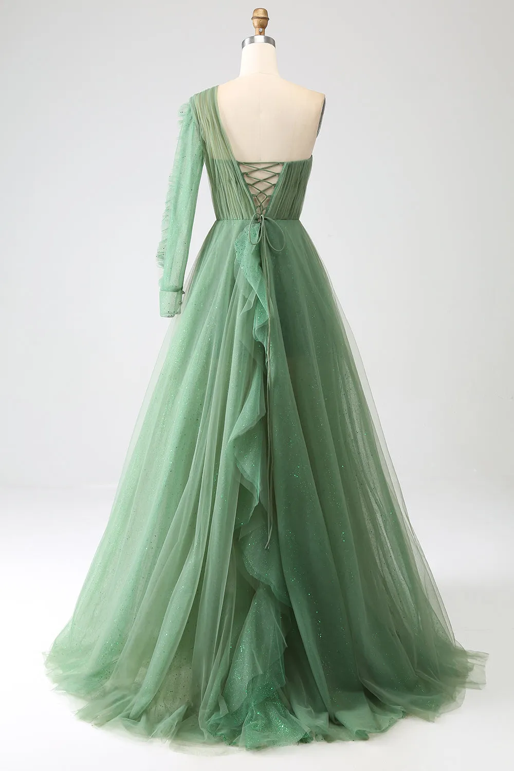 Dark Green A-Line One-Shoulder Long Prom Dress With Long Sleeves sold by Zapaka product image thumbnail 2