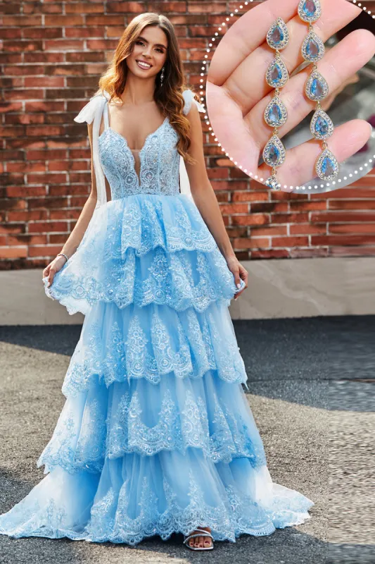 Tiered Tulle Sweetheart Bow Tie Straps Sequin Prom Dress with Accessory sold by Zapaka