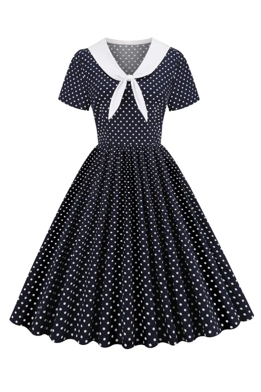 Black and White Polka Dots Vintage 1950s Dress with Bowknot sold by Zapaka