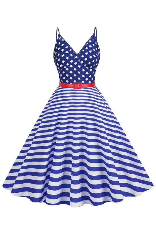 Spaghetti Straps Blue Stripe Star Vintage Dress With Belt sold by Zapaka