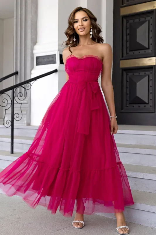 Fuchsia Long A-line Strapless Tulle Cocktail Dress sold by Zapaka