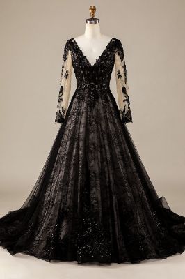 Sparkly Black Long Sleeves Chapel Train Lace Wedding Dress sold by Zapaka