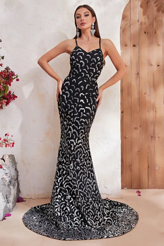 Black Mermaid Spaghetti Straps Sequin Prom Dress sold by Zapaka