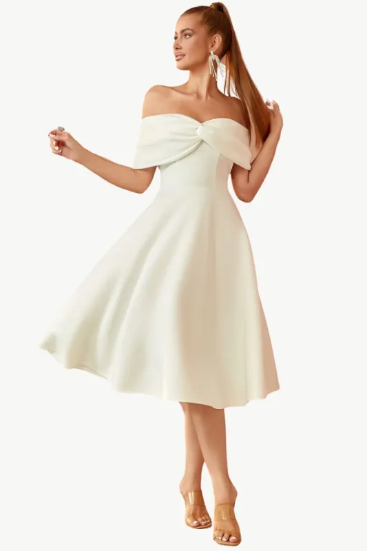 A Line Off The Shoulder Ivory Midi Cocktail Dress sold by Zapaka