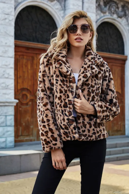 Brown Notched Lapel Leopard Printed Copped Faux Fur Women Coat sold by Zapaka