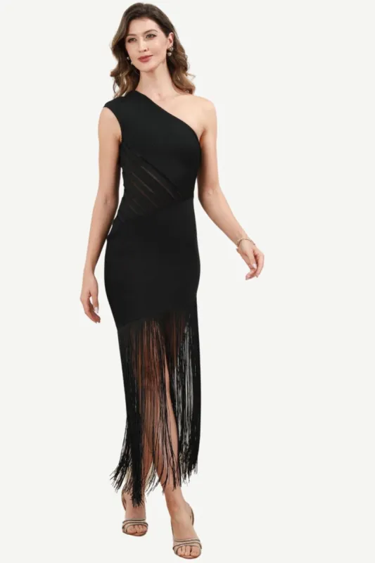 One Shoulder Black Formal Dress with Fringes made by Zapaka