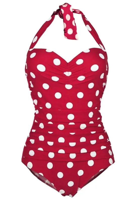 Halter Neck Polka Dots Red One Piece Swimsuit sold by Zapaka