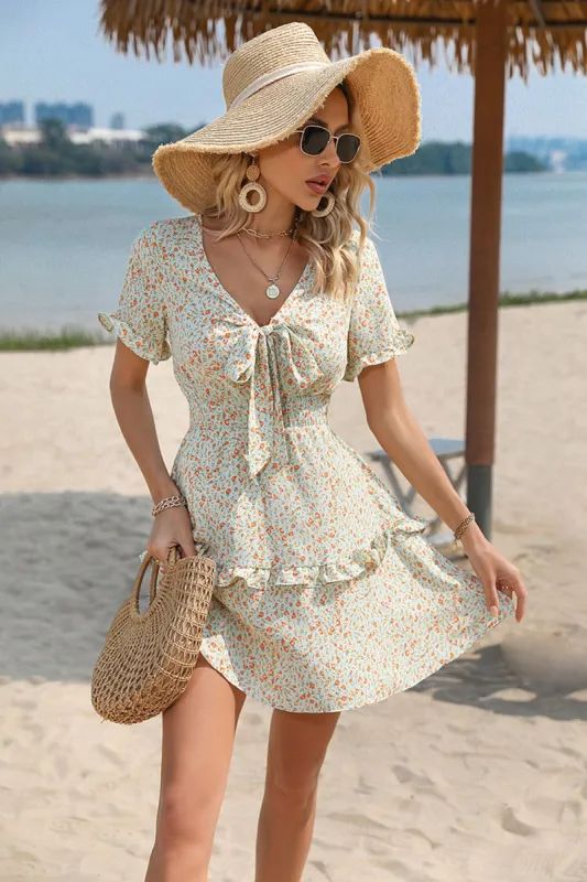 Beige Tiny Flower Mini Summer Dress sold by Zapaka