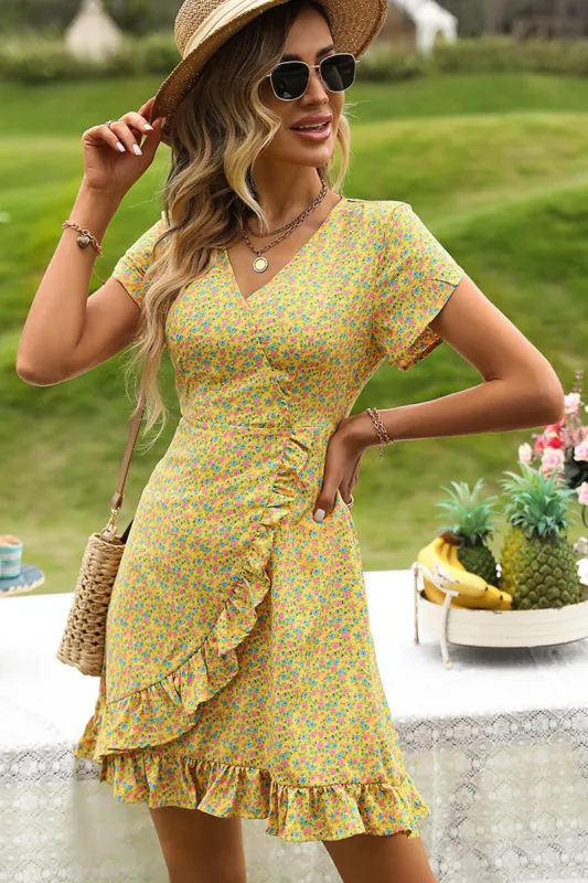 Yellow Tiny Floral Wrap Summer Dress sold by Zapaka