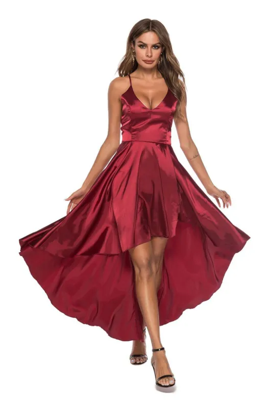 A Line High Low Spaghetti Straps Burgundy Prom Dress sold by Zapaka