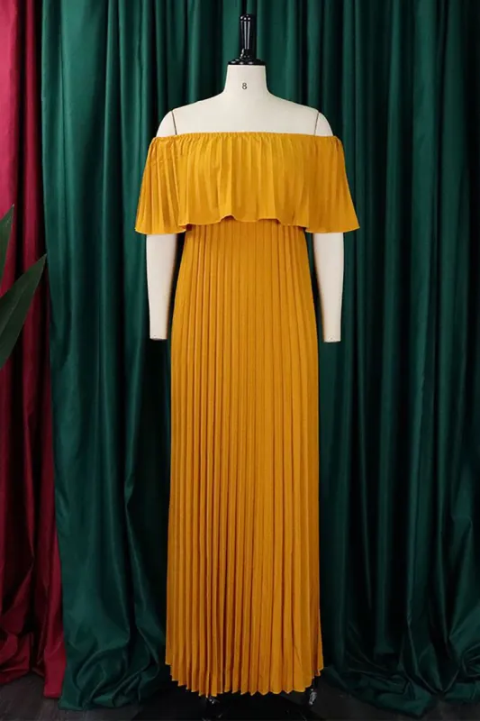 Yellow Pleated Plus Size Long Wedding Guest Dress sold by Zapaka