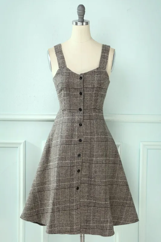 Straps Plaid Vintage Dress with Buttons sold by Zapaka